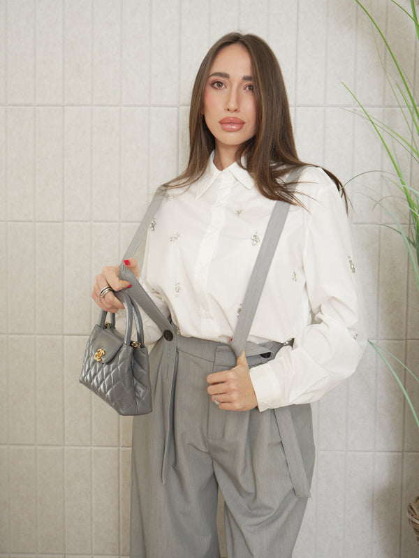 Cord set salopette e camicia con strass