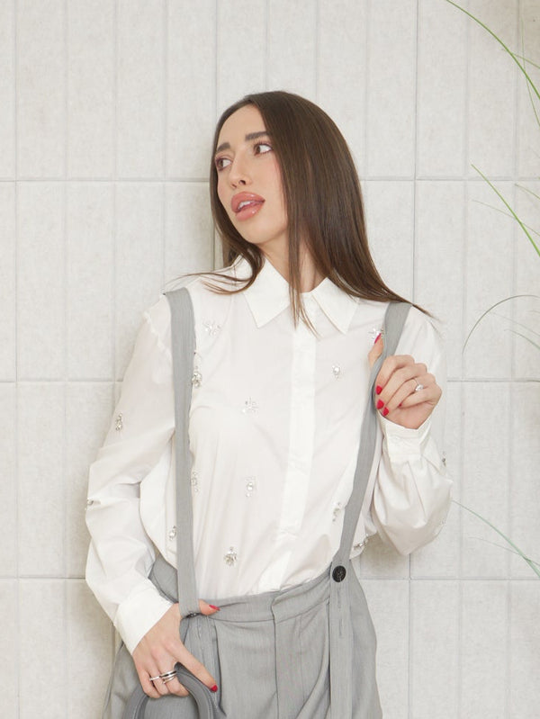 Cord set salopette e camicia con strass