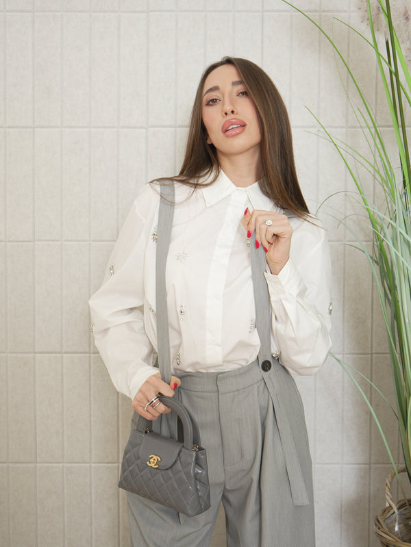 Cord set salopette e camicia con strass