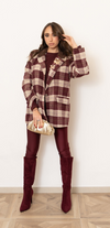Giacca check bordeaux collo in velluto marrone