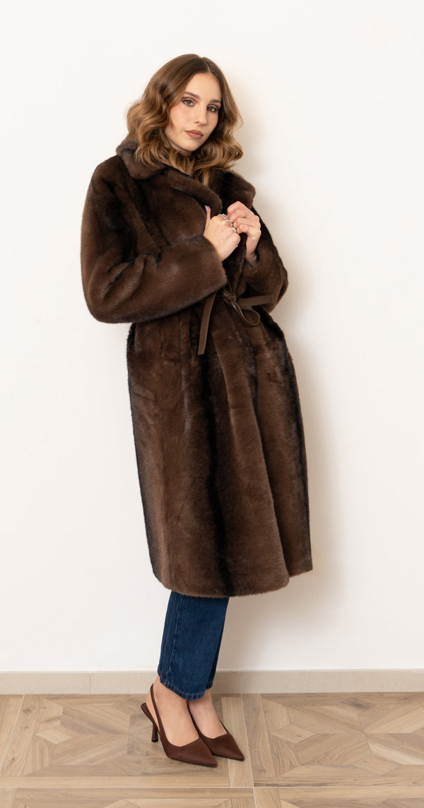 Ecofur lungo marrone con cinta in vita