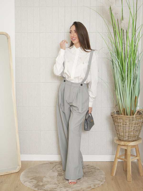 Cord set salopette e camicia con strass