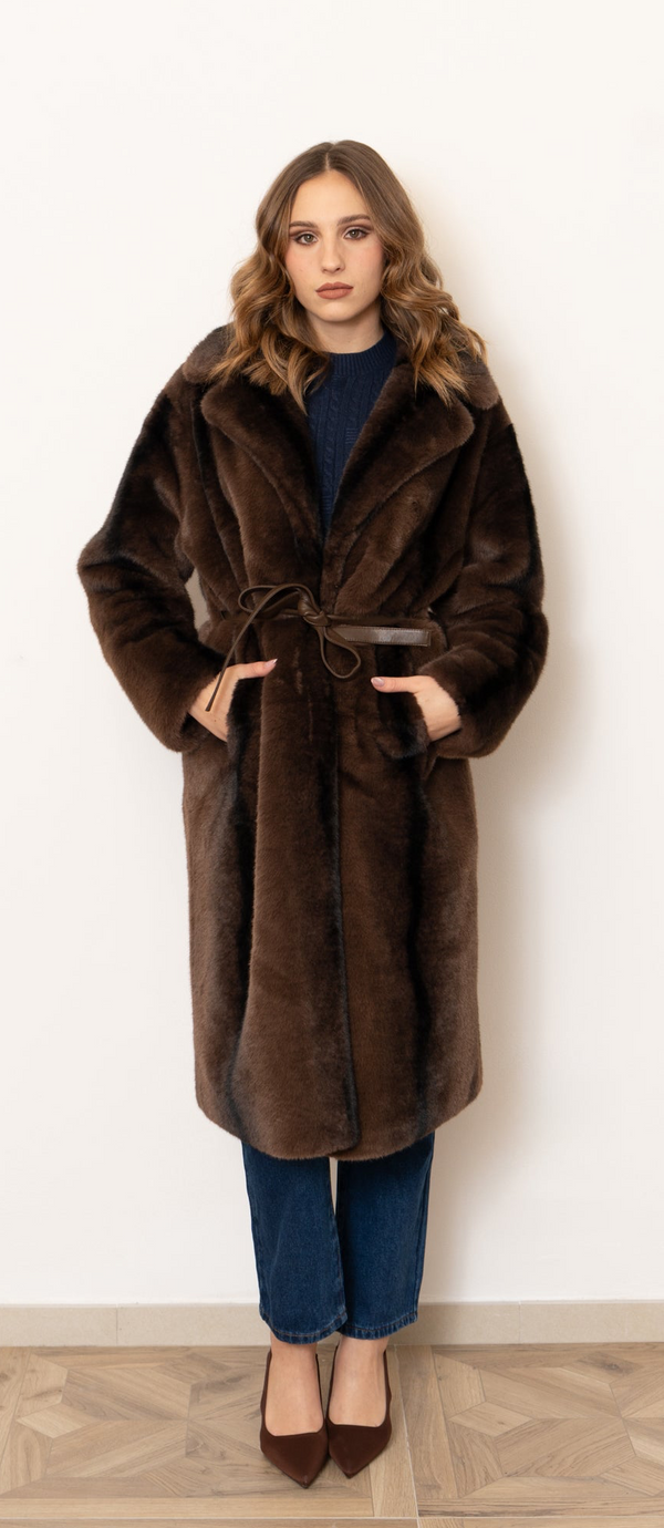 Ecofur lungo marrone con cinta in vita