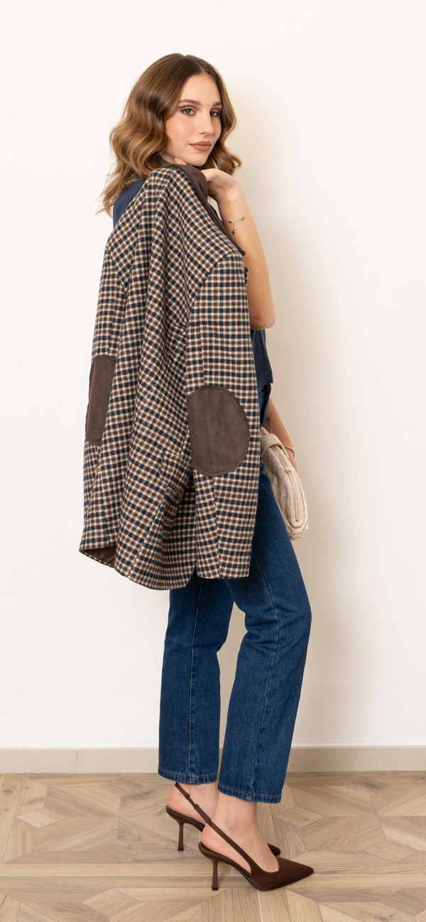 Giacca check con manica toppa in velluto