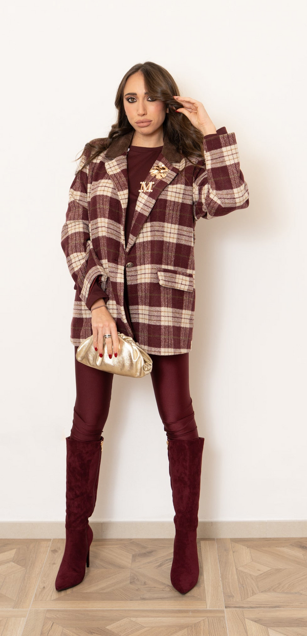 Giacca check bordeaux collo in velluto marrone