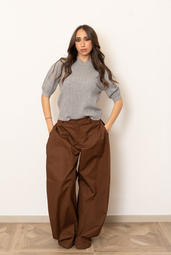 Maglia mezza manica in lana motivo treccia