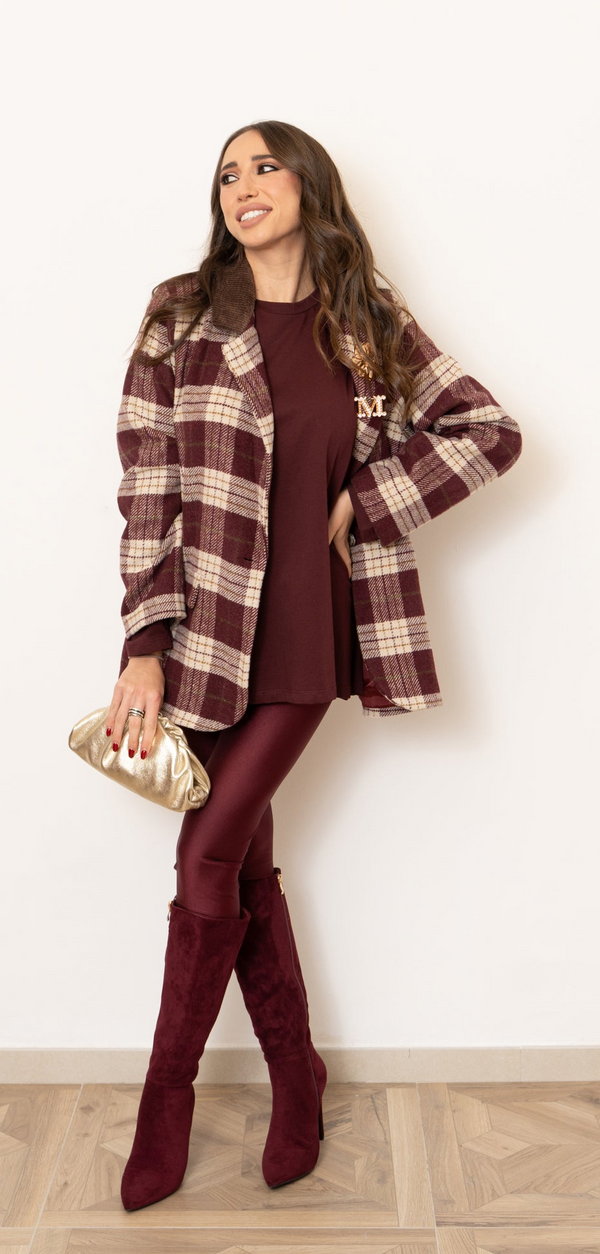 Giacca check bordeaux collo in velluto marrone