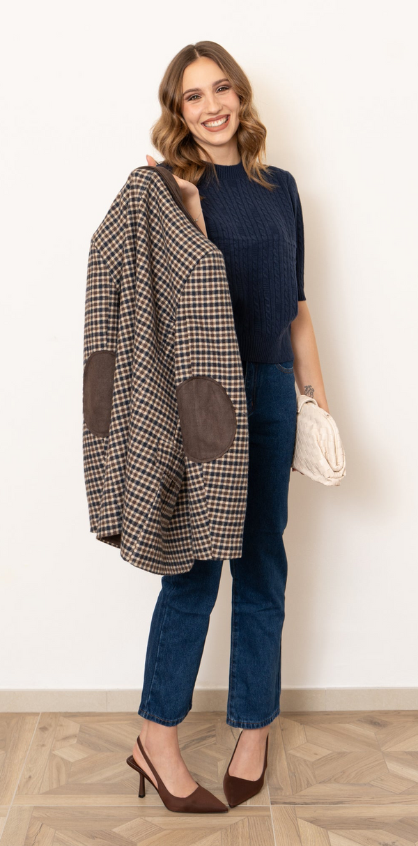 Giacca check con manica toppa in velluto